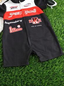 新生男婴/女婴休闲运动时尚撞色字母印花翻领短袖连体衣，适合春夏季室内外穿着 - 彩色 - 查看 10