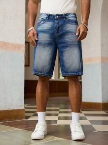 Manfinity EMRG Men's Casual Multi-Pocket 5-Inch  Splicing Denim Shorts - Medium Wash - View 1