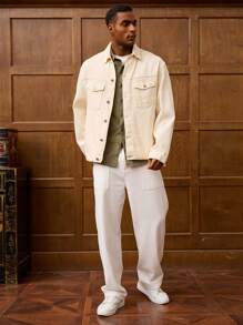 RivetRise 男士美式休闲春季长袖单扣前襟休闲口袋牛仔夹克 - 杏色 - 查看 3