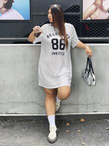 SHEIN EZwear Plus Size Loose Sports Letter T-Shirt Dress For Summer - Black and White - View 5