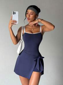 SHEIN Sport Studio Women's Contrast Binding Wrap Tie Strap Sports Dress