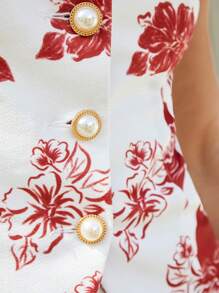 COSMINA Áo ba lỗ thời trang in hoa một hàng khuy cho nữ khi đi nghỉ - Đỏ - Xem 6