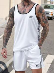 Manfinity Homme Conjunto de top de tirantes deportivos y shorts con rayas de colores contrastantes para hombre