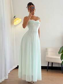 Chiquease Women's Elegant Sheer Chiffon Ruffle Tie Strap Dress, Suitable For Afternoon Tea Gatherings, Vacations, Parties, Daily Wear - Mint Green - View 5
