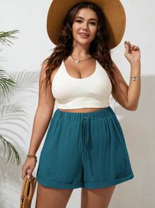 SHEIN VCAY Damen Große Größen Shorts Einfarbig mit Taillenband und umgeschlagener Baumkante, Lässig