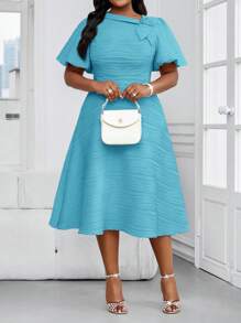 SHEIN Lady Elegant Blue Summer Wedding Guest Dress Women,Plus Size Knitted Textured Asymmetrical Neck 3D Rose Puff Sleeve Flared Midi Cocktail Party Dresses - Blue - View 5