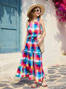 SHEIN Set de 2 piezas, Top corto con volantes de cuadros de colores y falda a juego decorada con lazo para vacaciones de niñas