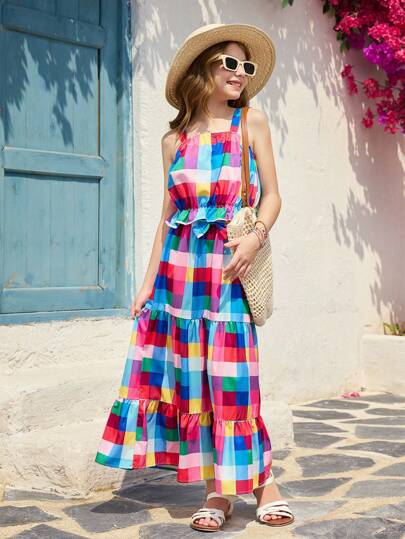 SHEIN 2件套女童彩色度假多巴胺格子荷叶边吊带露脐上衣和配套蝴蝶结装饰裙套装