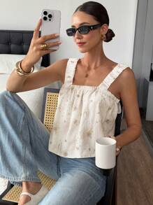 SHEIN Frenchy Damen Sommer Lässig Blumen Muster Ärmelloses Rückenfreies Top - Beige - Übersicht 6