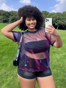 SHEIN EZwear 大码春夏女式彩虹色透明短袖上衣