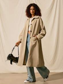 Easelle Women's Autumn Solid Color Casual Mid-Length Trench Coat, Suitable For Daily Wear And Street Wear