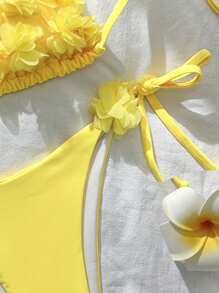 Swim Mod Solid Color Patch Halter Knotted Bikini Swimsuit For Summer Beach Vacation - Yellow - View 4