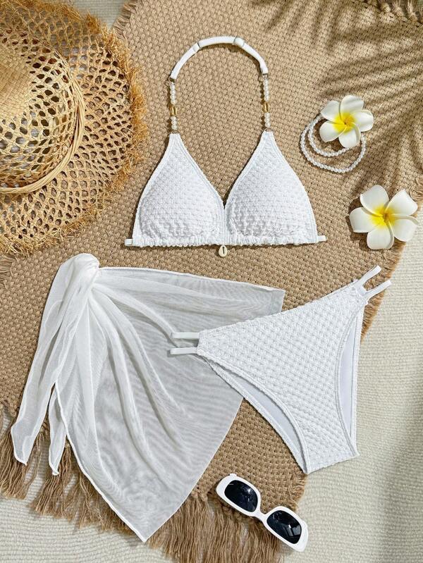 Bikini a 3 pezzi con spalline in perla per ragazze, costumi da bagno casual alla moda ed eleganti, adatti per nuotare, vacanze, estate