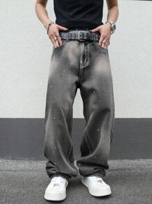 Manfinity EMRG Men's Casual Street Washed Loose Straight Leg Jeans With Slant Pockets - Multicolor - View 1