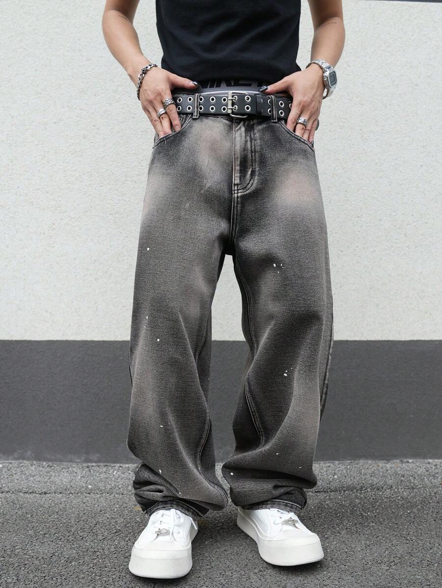 Manfinity EMRG Men's Casual Street Washed Loose Straight Leg Jeans With Slant Pockets - Multicolor - View 1