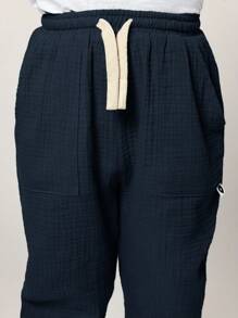 SUMWON 棉质透气休闲裤，夏季舒适透气，适合休闲度假穿着，弹性腰带，宽松版型。 - 藏蓝色 - 查看 6