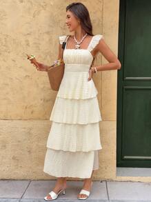 Serisse 女士优雅无袖双层长裙，夏季时尚 - 杏色 - 查看 8