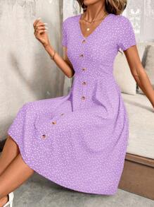 SHEIN Clasi V领纽扣红色圆点腰收腰女式连衣裙，春季服装，情人节连衣裙 - 淡紫色 - 查看 3