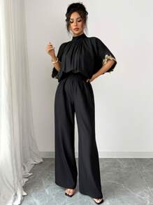 Elenzga 女装春夏最新款蝙蝠袖黑色设计感宽松优雅金色蕾丝连体裤 - 黑與白 - 查看 4