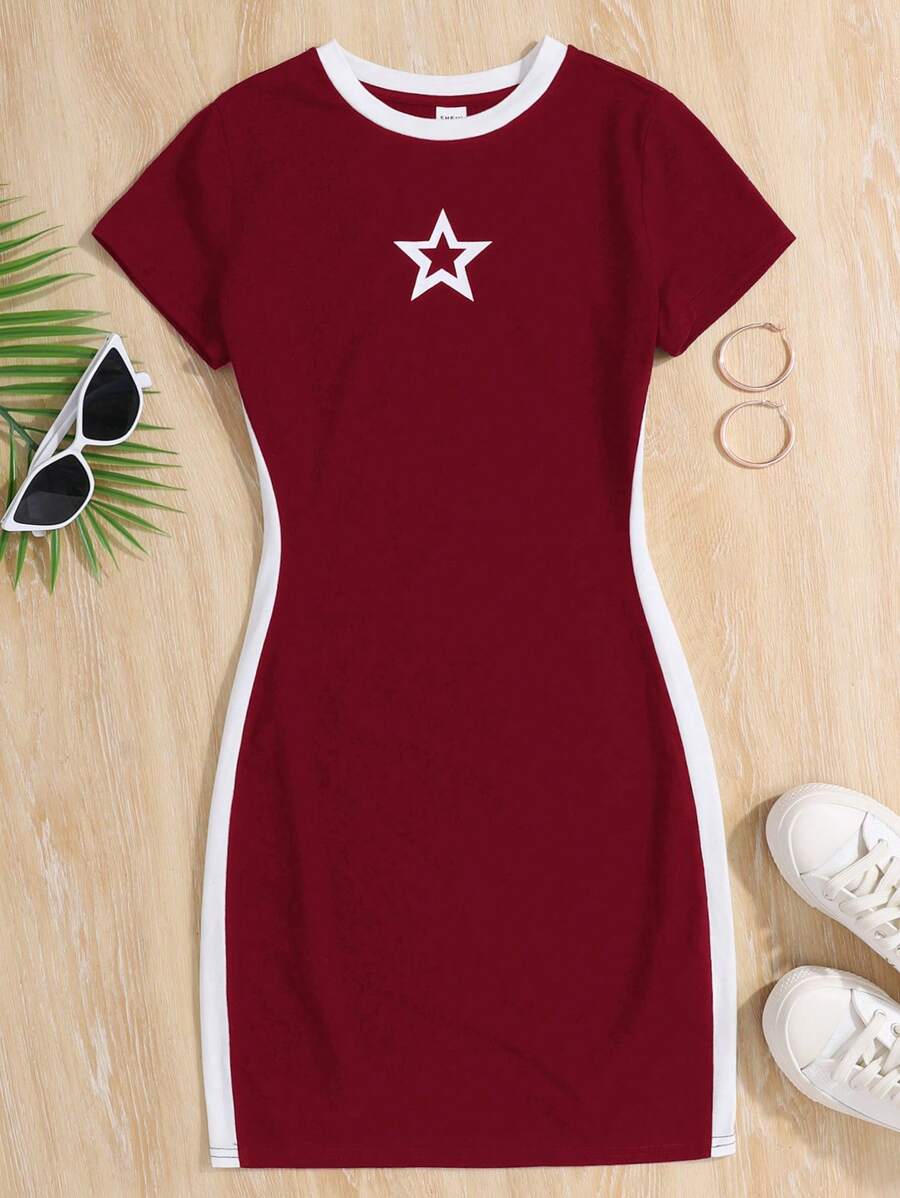 SHEIN Leap Crew 少女条纹星星印花针织紧身休闲连衣裙 - 酒紅色 - 查看 1
