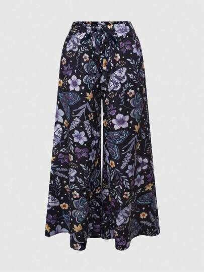 Fairycore Pantaloni a gamba ampia con fantasia di farfalle, falene e fiori, in taglie comode per donna