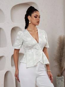 SHEIN LUNE Ladies V-Neck Embroidery Patchwork Trim Elegant Blouse - White - View 4