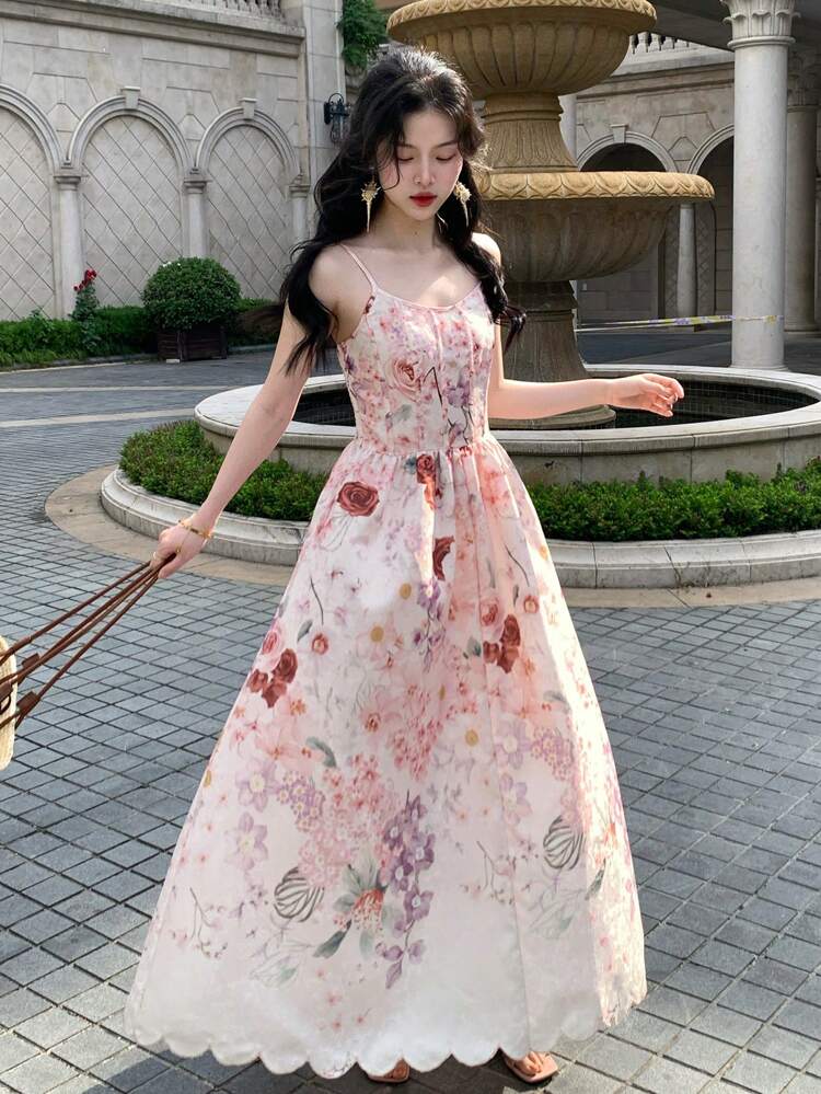 Floral Print Slip Dress For Women, A-Line, Maxi Length Boho