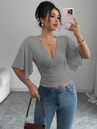 Elenzga Women's Casual Vacation Asymmetrical Ruched Short Sleeve Cropped Top