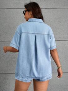 SHEIN ICON Áo khoác denim màu trơn cỡ lớn, thời trang cho mùa hè - Rửa nhẹ - Xem 2