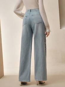 Anewsta Women Casual Distressed Crystal & Faux Pearl Straight-Leg Pants