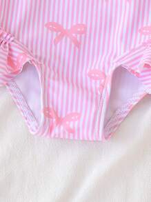 SHEIN Baby Girl Cute Bow Pattern Printed Double Layer Ruffle One-Piece Swimsuit, Pink Striped,Perfect For Summer Beach Vacations