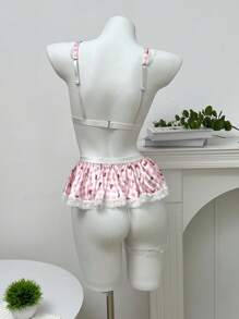 4 件浪漫农舍性感可爱缎花格子花边蕾丝荷叶边蝴蝶结吊袜带丁字裤女士性感内衣套装，粉色、白色、派对、节日 - 粉色 - 查看 2