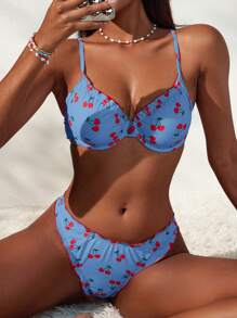 Swim Mod Women's Sweet Cherry Print Ruffled Fresh Bikini Set For Summer Beach Vacation - Baby Blue - View 1