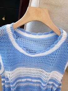 Franclia 新款夏季休闲宽松简约通勤多巴胺蓝条纹撞色镂空纹理透气针织背心毛衣女 - 彩色 - 查看 6