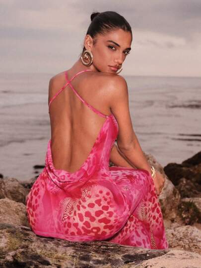 Opulessa Beach Vacation Holiday Outfits Vacation Women's Plunging Neckline Leopard Print Maxi Slip Dress,Sexy Elegant Party,Graduation,Prom,Luxury Evening,Autumn Winter Clothes For Women,  Christmas Outfit For Women, National Day,  New Year Clothes,  Going Out Outfit