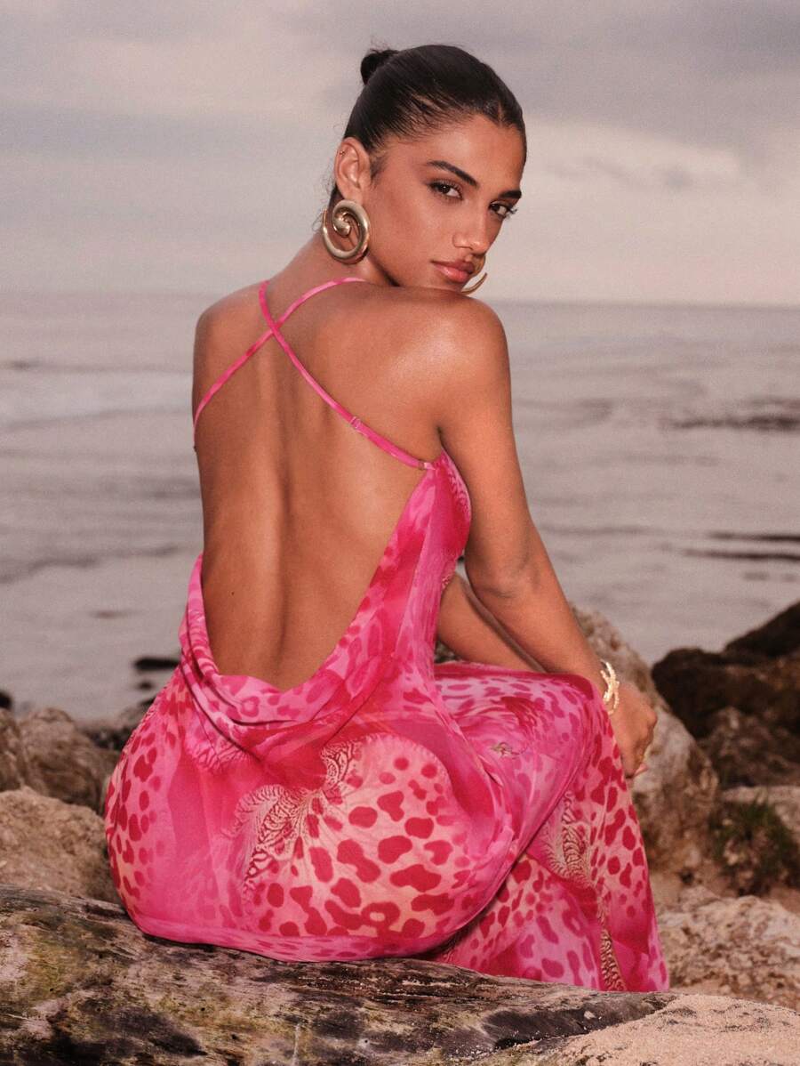 Opulessa Beach Vacation Holiday Outfits Vacation Women's Plunging Neckline Leopard Print Maxi Slip Dress,Sexy Elegant Party,Graduation,Prom,Luxury Evening,Autumn Winter Clothes For Women,  Christmas Outfit For Women, National Day,  New Year Clothes,  Going Out Outfit, Mermaid, Bohemian Outfits, Ibiza Outfits, Western Style - Hot Pink - View 1