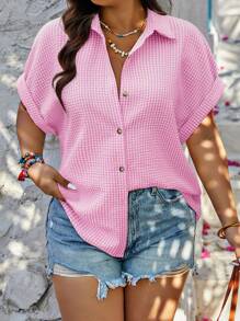 Calvaya Plus Size Random Print Button Down Casual Shirt, Summer - Pink - View 3
