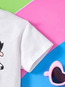 THE POWERPUFF GIRLS X SHEIN Set da ragazza di maglietta a maniche corte con stampa di lettere cartoni animati e pantaloncini corti, stile casual, per l'estate