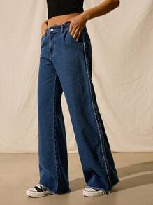 Easelle Women's Solid Color Fashionable Denim Jeans, Suitable For Summer - Blue - View 1
