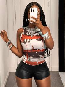 Slaydiva 2025 Summer New Style For Birthday Parties, Graduation Season, Student Wear, Daily Outings, Basic And Versatile, Leisure, Vacation, Cruise Travel, Beach, Seaside, Sunbathing, Popular Online Style, Street Style, Abstract Brushstroke Prints, Round Neck Sleeveless Tight-Fitting Short Summer Top, Women's Top - Multicolor - View 4