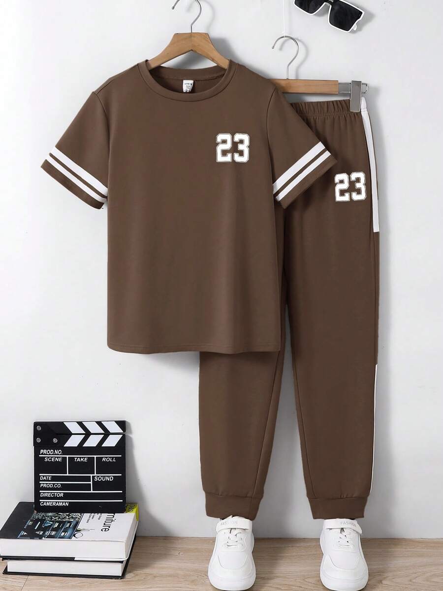 SHEIN 2pcs Kids Tween Boy Casual Versatile Printed Pattern Mix Thick & Thin Striped Crew Neck Short Sleeve T-Shirt And Jogger Pants Knit 2 Pieces Set