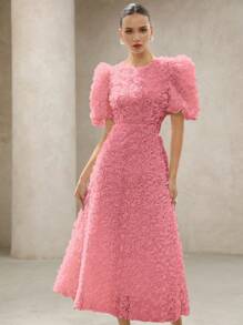 Aveloria Rosie 法式浪漫3D玫瑰V领泡泡袖腰部修身加长女士连衣裙 - 粉色 - 查看 3