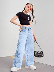 SHEIN Tween 女童 Y2K 粉色刺绣星星喇叭牛仔裤，时尚街头风格休闲百搭四季时尚女孩必备单品 - 淺色水洗藍 - 查看 8