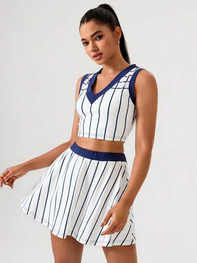 Hanevo Set de 2 piezas, top corto y minifalda deportivos informales a rayas para el verano