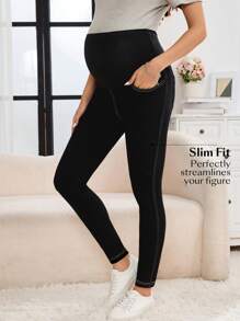SHEIN Jeans ajustados para maternidad con bolsillos inclinados y cintura ajustable