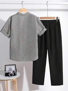SHEIN Tween Boy Casual Short Sleeve Shirt And Pants Set - Black - View 2