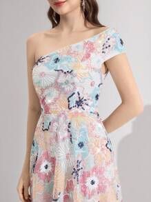 Poshira Farbenfroher asymmetrischer Abendkleid-Blumenkleid-Entwurf (Dekor-Design) für Frauen, Partykleid, Ballkleid - Verschiedenfarbig - Übersicht 1