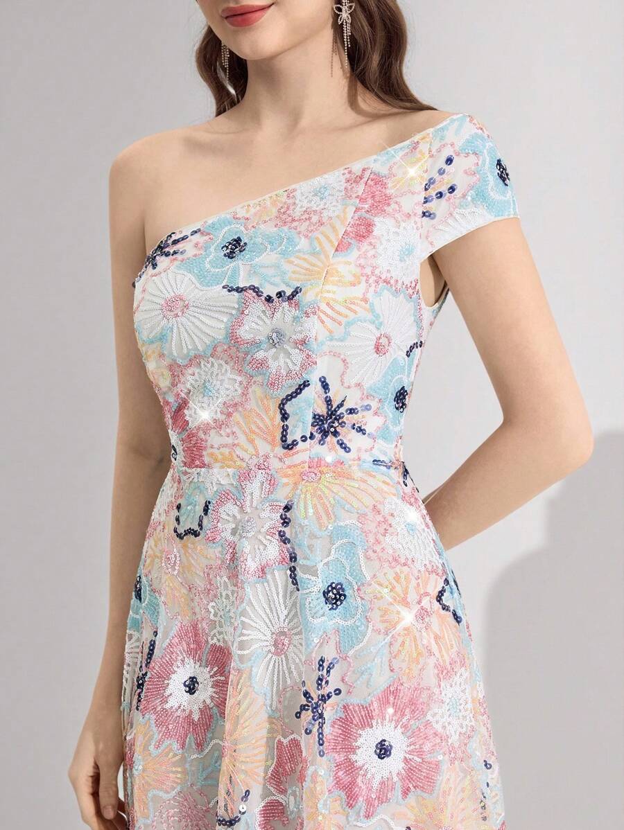 Poshira Farbenfroher asymmetrischer Abendkleid-Blumenkleid-Entwurf (Dekor-Design) für Frauen, Partykleid, Ballkleid - Verschiedenfarbig - Übersicht 1