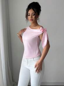 Elenzga 1 件女士不对称闪光面料优雅简约衬衫 - 粉色 - 查看 3