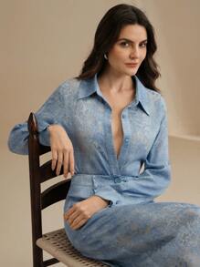 Anewsta Áo sơ mi nữ sang trọng họa tiết hoa xanh thanh lịch, Xuân/Hè - Màu xanh lam - Xem 6